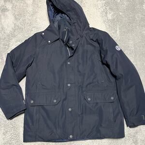 Lands End Down Expedition Parka Mens Large Blue Winter Coat Faux Fur Hood Down